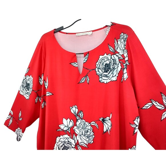 Maria Gabrielle Blouse Women Size 3X Red White Floral 3/4 Sleeve Keyhole Neck - Picture 2 of 6